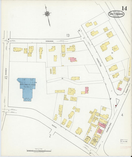 Sanborn Fire Insurance Map from Southbridge, Worcester County, Massachusetts (1918), Sheet #0014 - Historic Sanborn Fire Insurance Map Print, vintage old map wall art, antique decor, genealogy gift, Massachusetts Massachusetts map