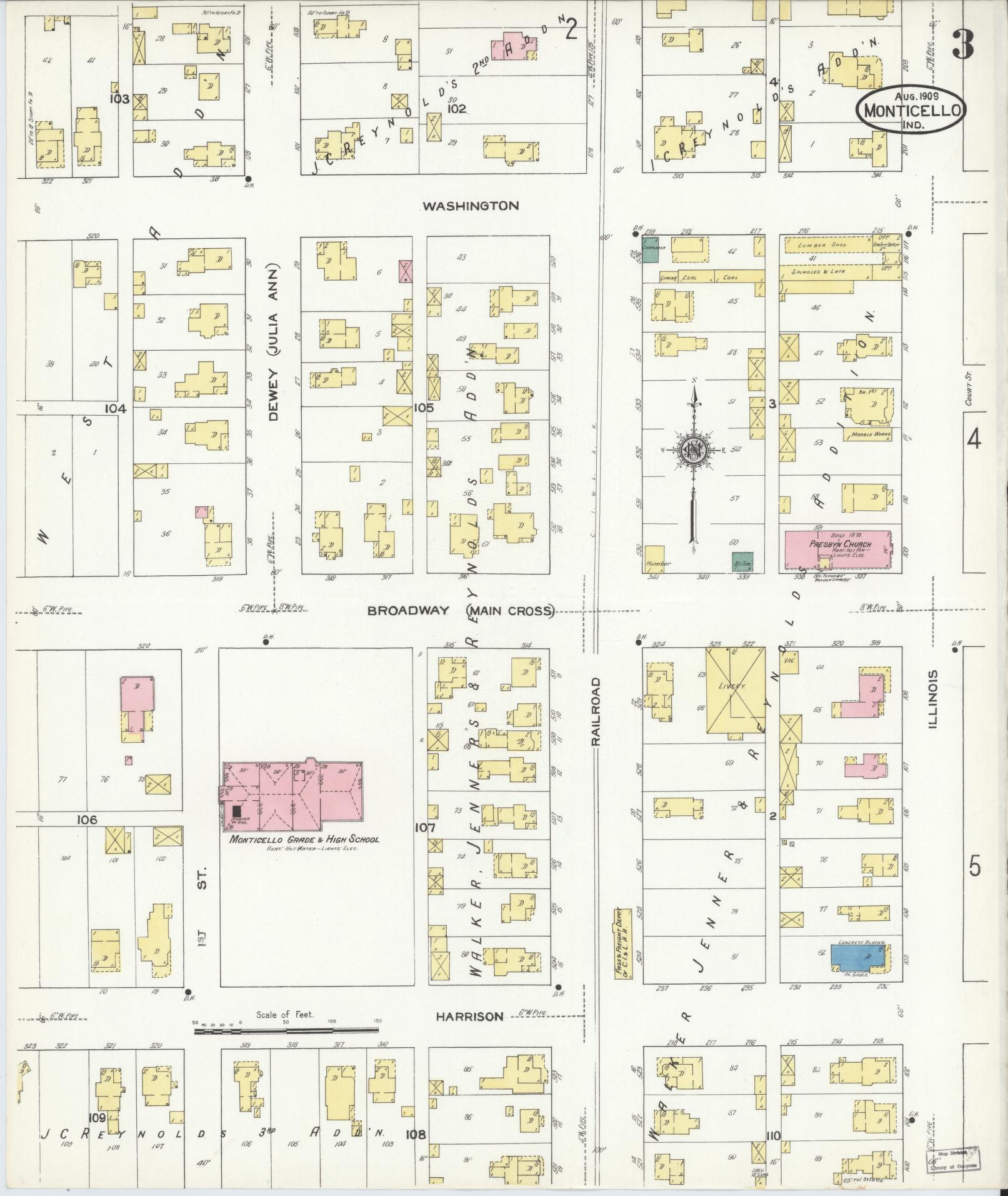 Sanborn Fire Insurance Map from Monticello, White County, Indiana (1909), Sheet #0003 - Historic Sanborn Fire Insurance Map Print, vintage old map wall art, antique decor, genealogy gift, Indiana Indiana map