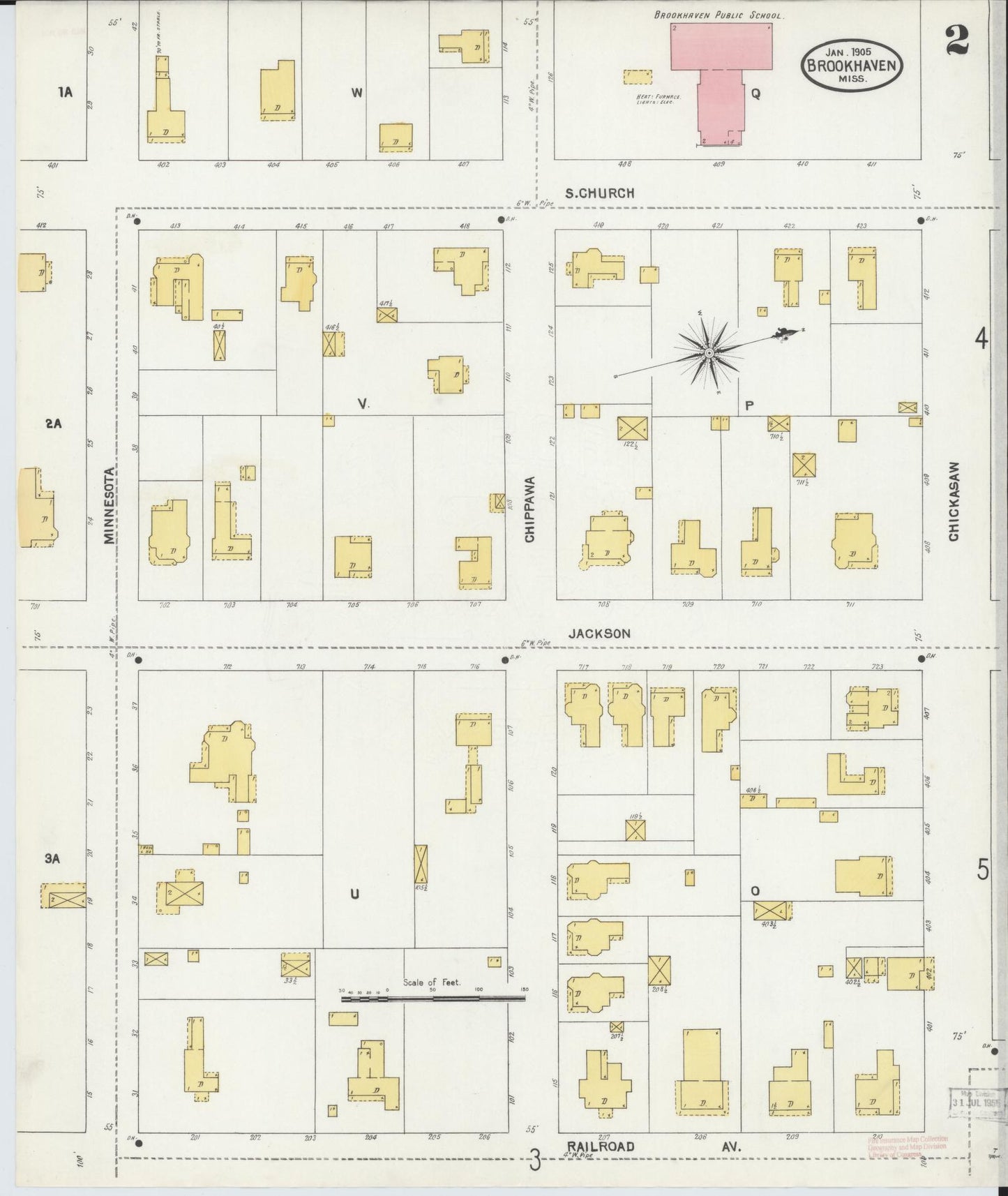 Sanborn Fire Insurance Map from Brookhaven, Lincoln County, Mississippi (1905), Sheet #0002 - Historic Sanborn Fire Insurance Map Print, vintage old map wall art, antique decor, genealogy gift, Mississippi Mississippi map