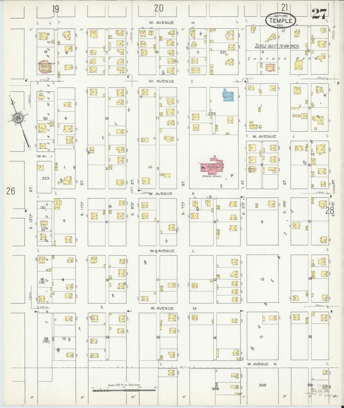 Sanborn Fire Insurance Map from Temple, Bell County, Texas (1915), Sheet #0027 - Complete Map Set gallery image, historic Sanborn map, vintage wall art, Texas Texas