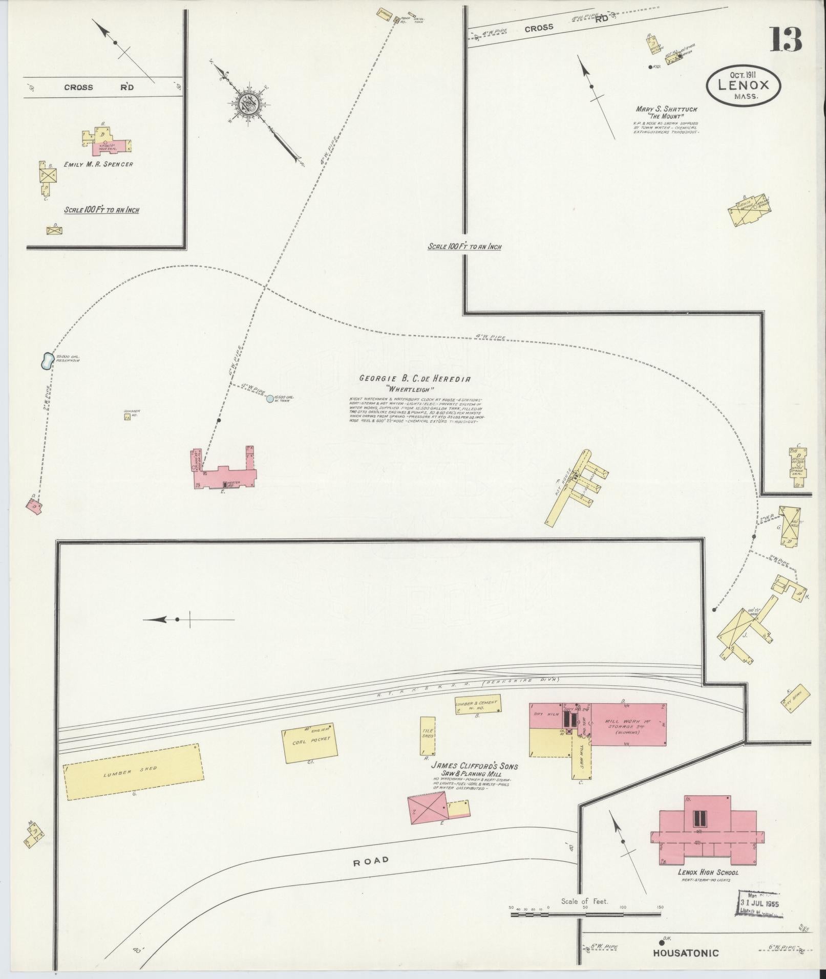 Sanborn Fire Insurance Map from Lenox, Berkshire County, Massachusetts (1911), Sheet #0013 - Historic Sanborn Fire Insurance Map Print, vintage old map wall art, antique decor, genealogy gift, Massachusetts Massachusetts map
