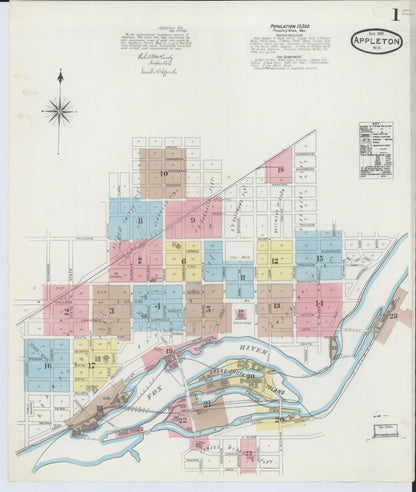 Sanborn Fire Insurance Map from Appleton, Outagamie County, Wisconsin (1891), Sheet #0001 - Complete Map Set gallery image, historic Sanborn map, vintage wall art, Wisconsin Wisconsin
