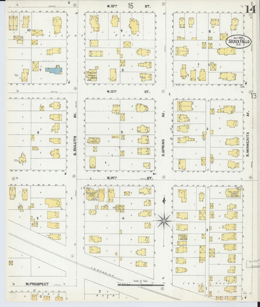 Sanborn Fire Insurance Map from Sioux Falls, Minnehaha County, South Dakota (1902), Sheet #0014 - Historic Sanborn Fire Insurance Map Print, vintage old map wall art, antique decor, genealogy gift, South Dakota South Dakota map