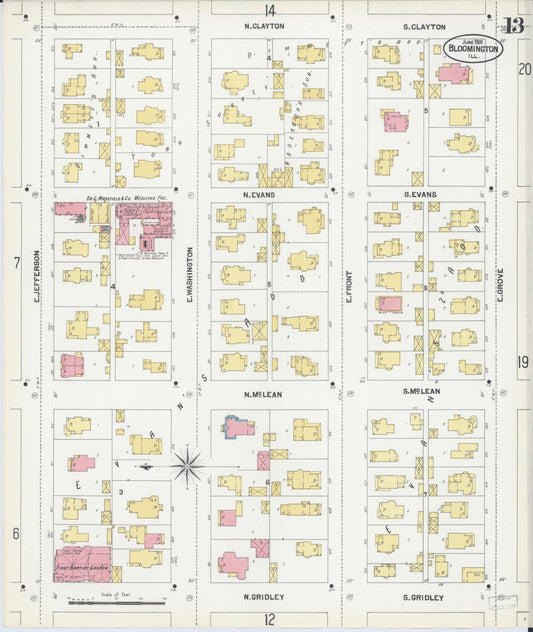 Sanborn Fire Insurance Map from Bloomington, McLean County, Illinois (1901), Sheet #0013 - Historic Sanborn Fire Insurance Map Print, vintage old map wall art, antique decor, genealogy gift, Illinois Illinois map
