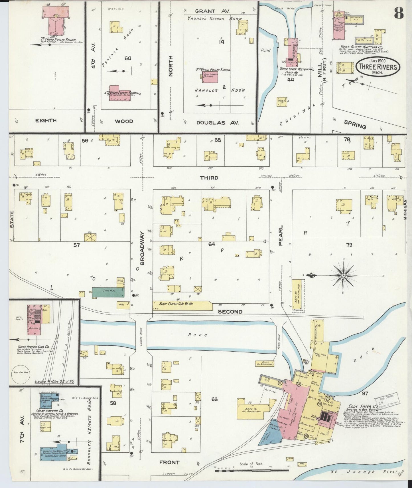 Sanborn Fire Insurance Map from Three Rivers, Saint Joseph County, Michigan (1909), Sheet #0008 - Historic Sanborn Fire Insurance Map Print, vintage old map wall art, antique decor, genealogy gift, Michigan Michigan map