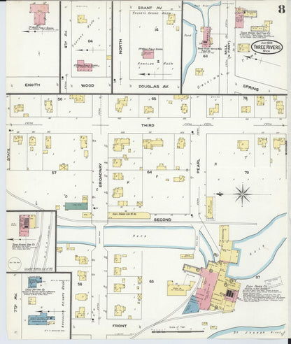 Sanborn Fire Insurance Map from Three Rivers, Saint Joseph County, Michigan (1909), Sheet #0008 - Historic Sanborn Fire Insurance Map Print, vintage old map wall art, antique decor, genealogy gift, Michigan Michigan map