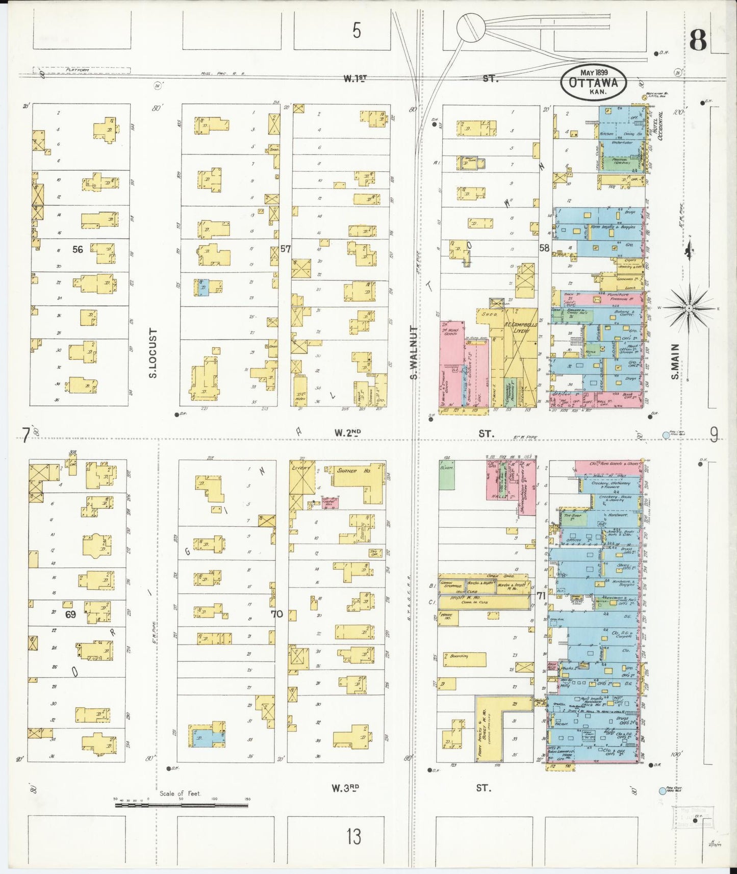 Sanborn Fire Insurance Map from Ottawa, Franklin County, Kansas (1899), Sheet #0008 - Historic Sanborn Fire Insurance Map Print, vintage old map wall art, antique decor, genealogy gift, Kansas Kansas map