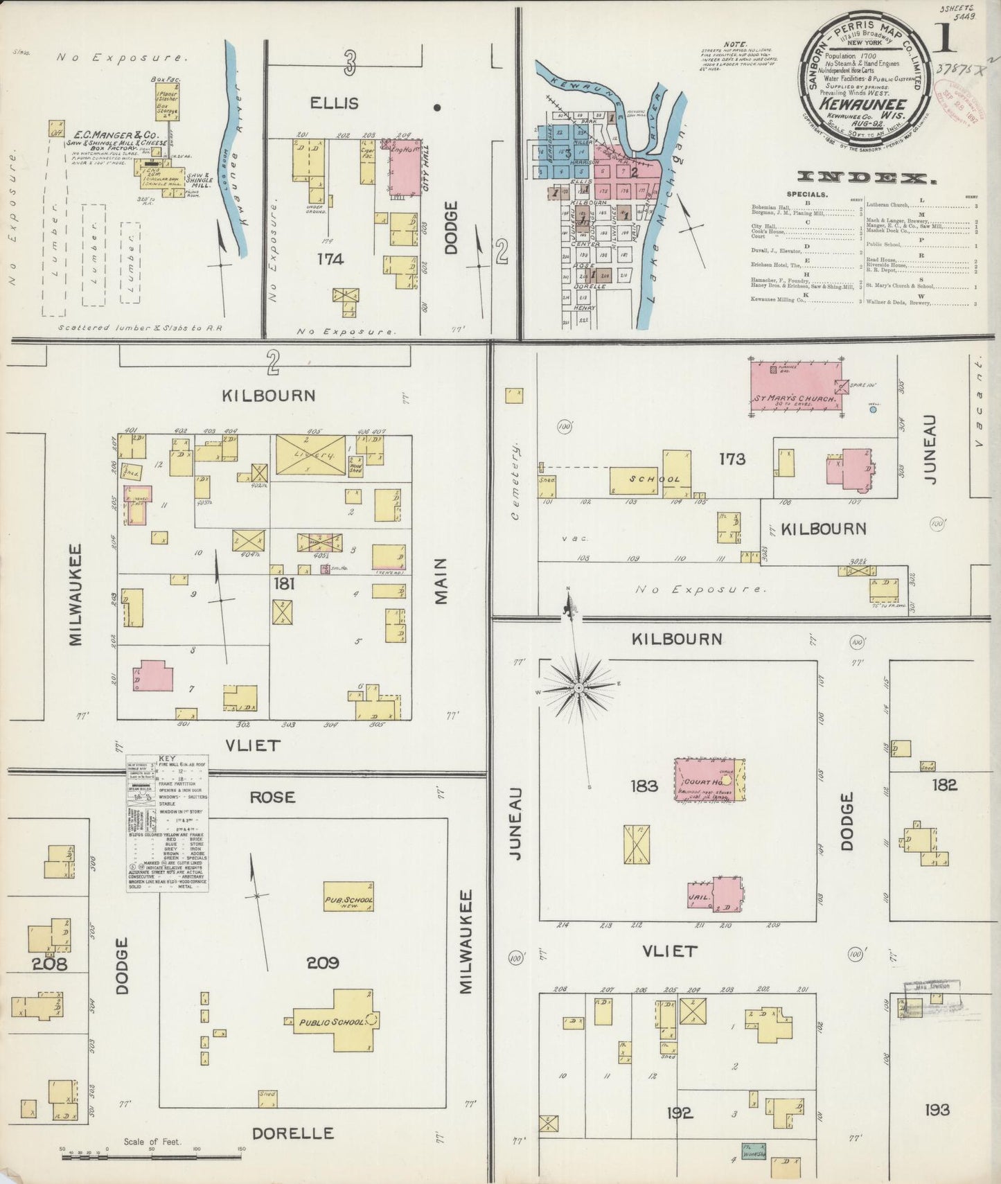 Sanborn Fire Insurance Map from Kewaunee, Kewaunee County, Wisconsin (1892), Sheet #0001 - Historic Sanborn Fire Insurance Map Print, vintage old map wall art, antique decor, genealogy gift, Wisconsin Wisconsin map