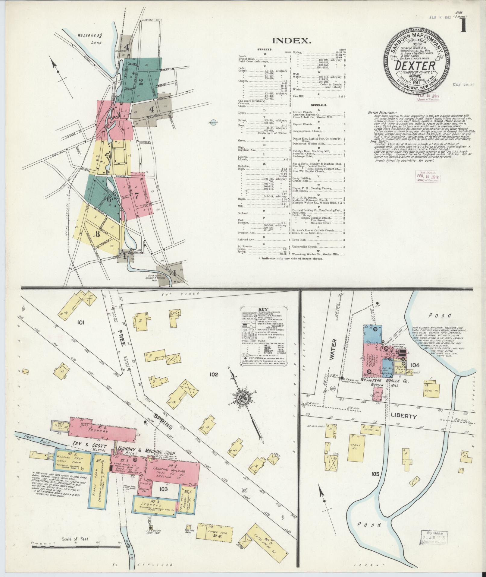 Sanborn Fire Insurance Map from Dexter, Penobscot County, Maine (1911), Sheet #0001 - Historic Sanborn Fire Insurance Map Print, vintage old map wall art, antique decor, genealogy gift, Maine Maine map