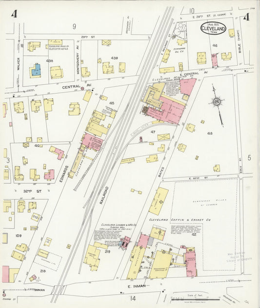 Sanborn Fire Insurance Map from Cleveland, Bradley County, Tennessee (1925), Sheet #0004 - Historic Sanborn Fire Insurance Map Print, vintage old map wall art, antique decor, genealogy gift, Tennessee Tennessee map