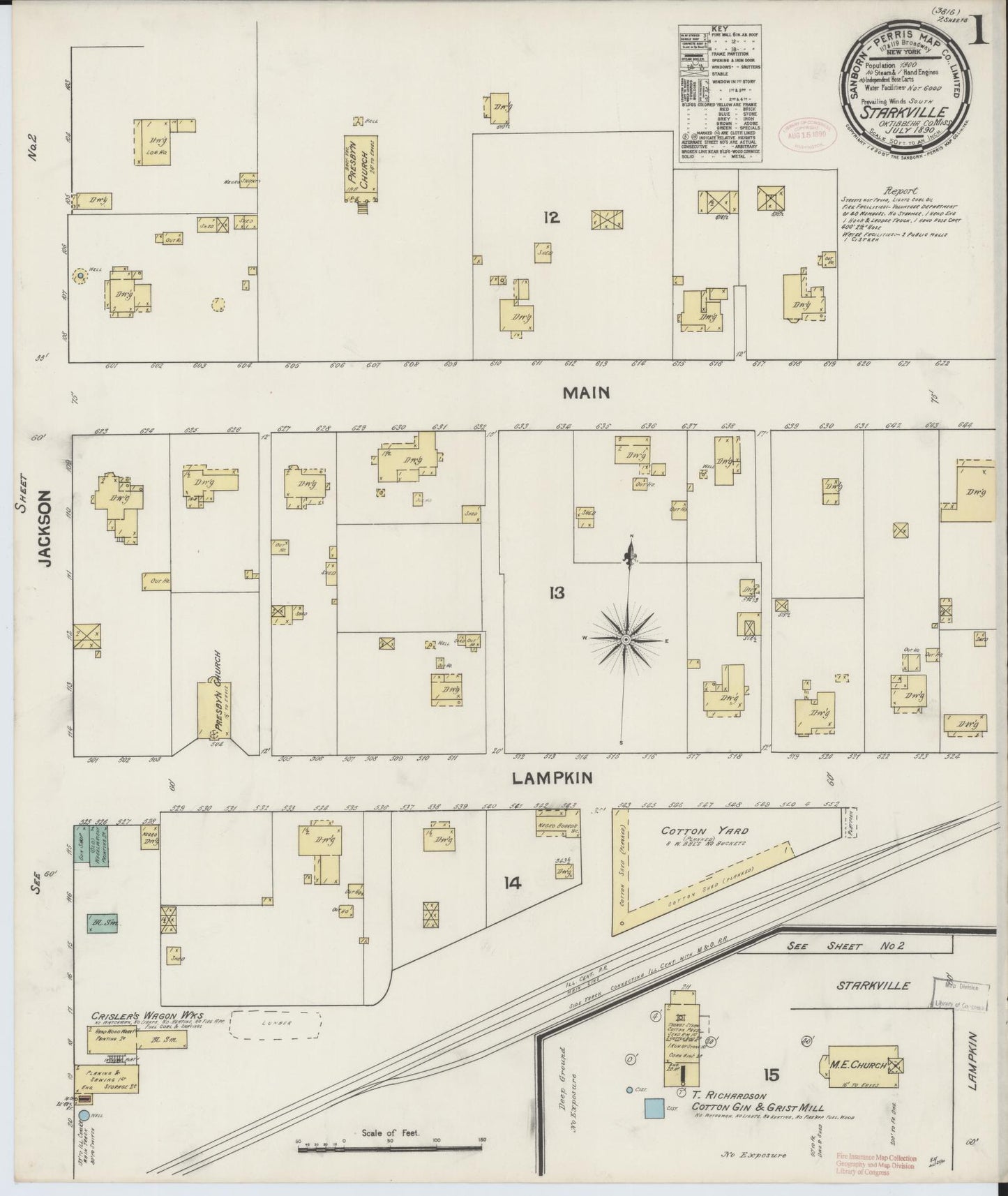 Sanborn Fire Insurance Map from Starkville, Oktibbeha County, Mississippi (1890), Sheet #0001 - Complete Map Set gallery image, historic Sanborn map, vintage wall art, Mississippi Mississippi
