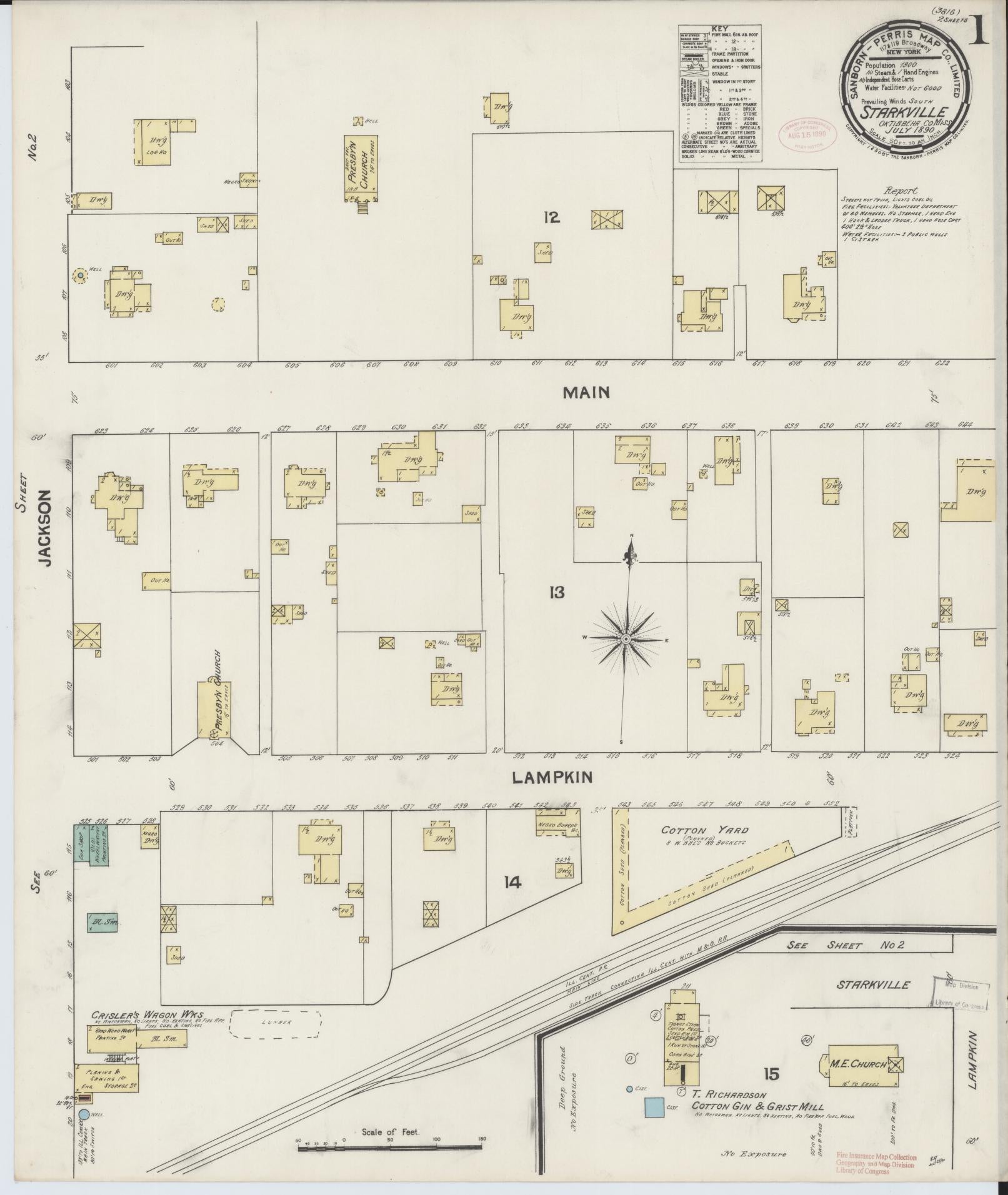 Sanborn Fire Insurance Map from Starkville, Oktibbeha County, Mississippi (1890), Sheet #0001 - Complete Map Set gallery image, historic Sanborn map, vintage wall art, Mississippi Mississippi