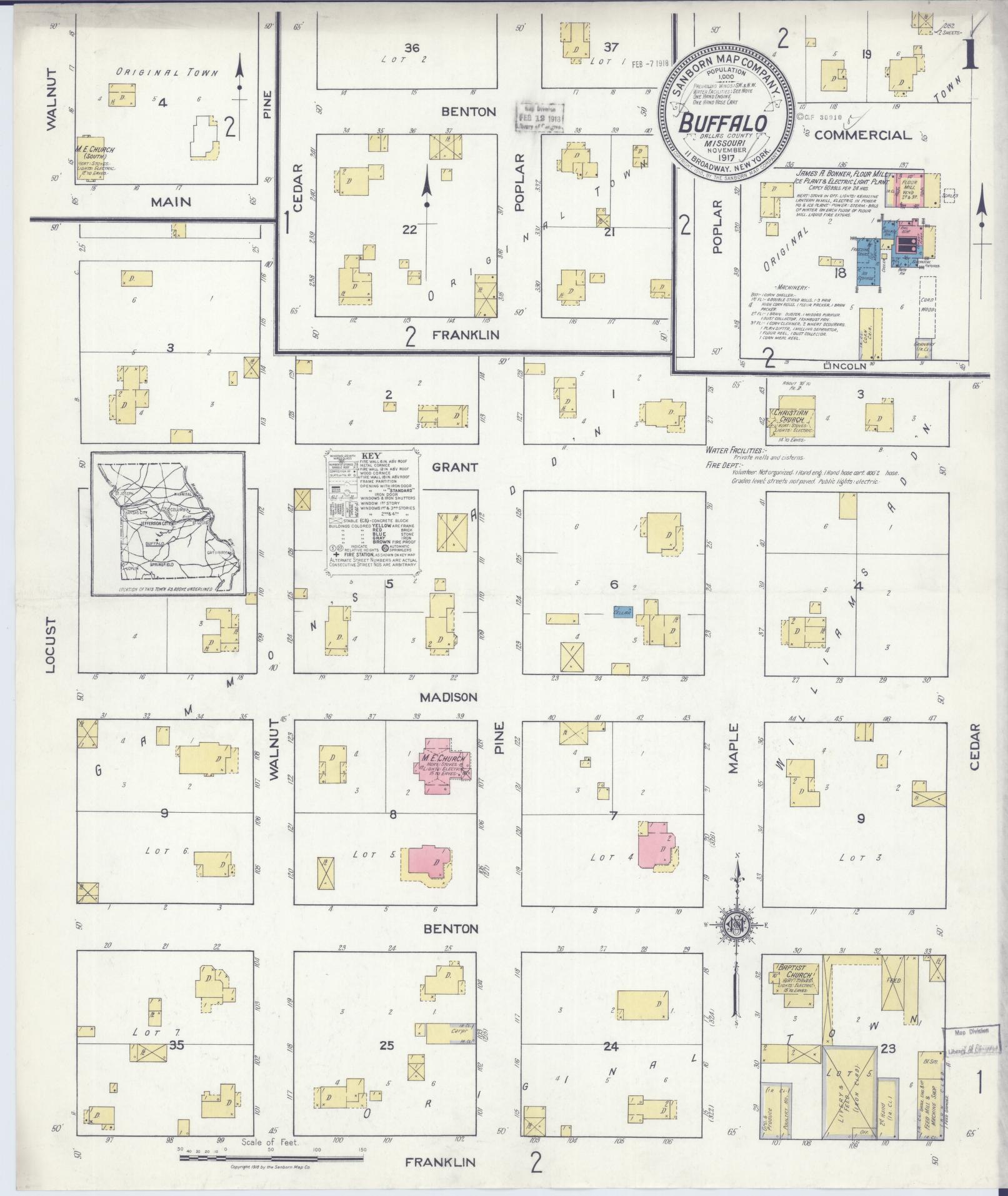 Sanborn Fire Insurance Map from Buffalo, Dallas County, Missouri (1917), Sheet #0001 - Historic Sanborn Fire Insurance Map Print, vintage old map wall art, antique decor, genealogy gift, Missouri Missouri map
