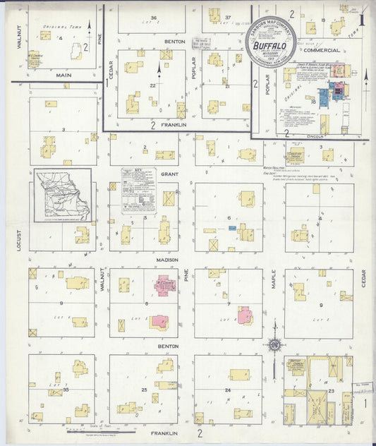 Sanborn Fire Insurance Map from Buffalo, Dallas County, Missouri (1917), Sheet #0001 - Historic Sanborn Fire Insurance Map Print, vintage old map wall art, antique decor, genealogy gift, Missouri Missouri map