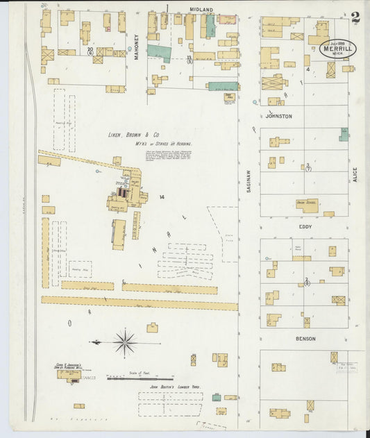 Sanborn Fire Insurance Map from Merrill, Saginaw County, Michigan (1899), Sheet #0002 - Historic Sanborn Fire Insurance Map Print, vintage old map wall art, antique decor, genealogy gift, Michigan Michigan map