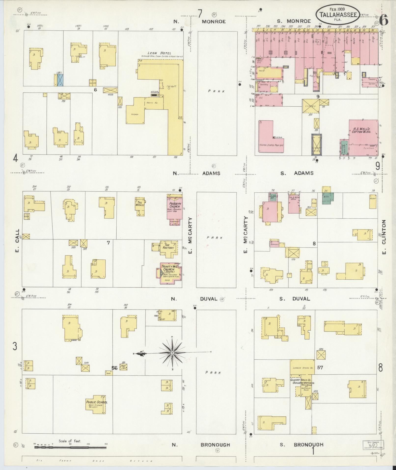 Sanborn Fire Insurance Map from Tallahassee, Leon County, Florida (1909), Sheet #0006 - Complete Map Set gallery image, historic Sanborn map, vintage wall art, Florida Florida