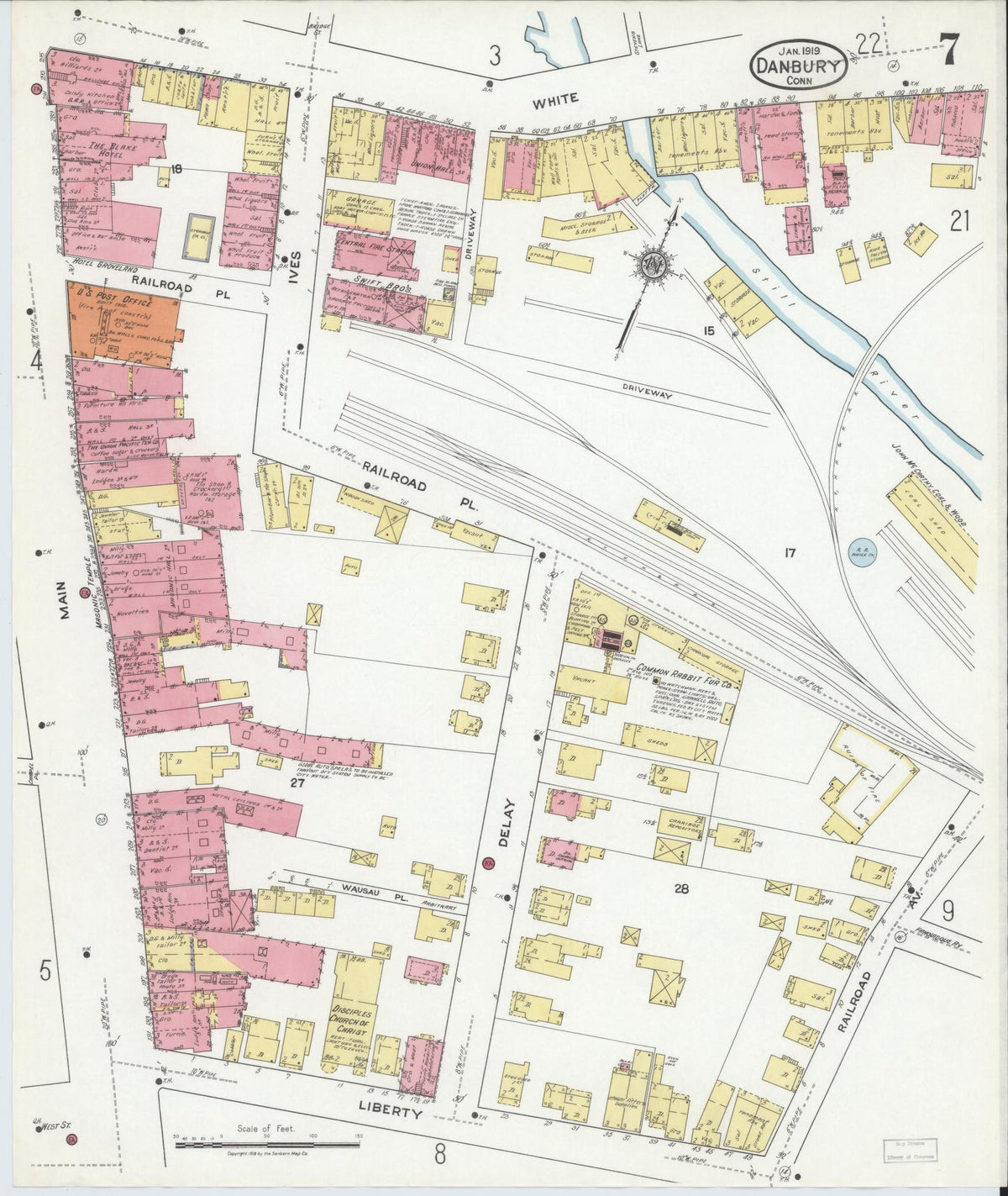 Sanborn Fire Insurance Map from Danbury, Fairfield County, Connecticut (1919), Sheet #0007 - Historic Sanborn Fire Insurance Map Print, vintage old map wall art, antique decor, genealogy gift, Connecticut Connecticut map