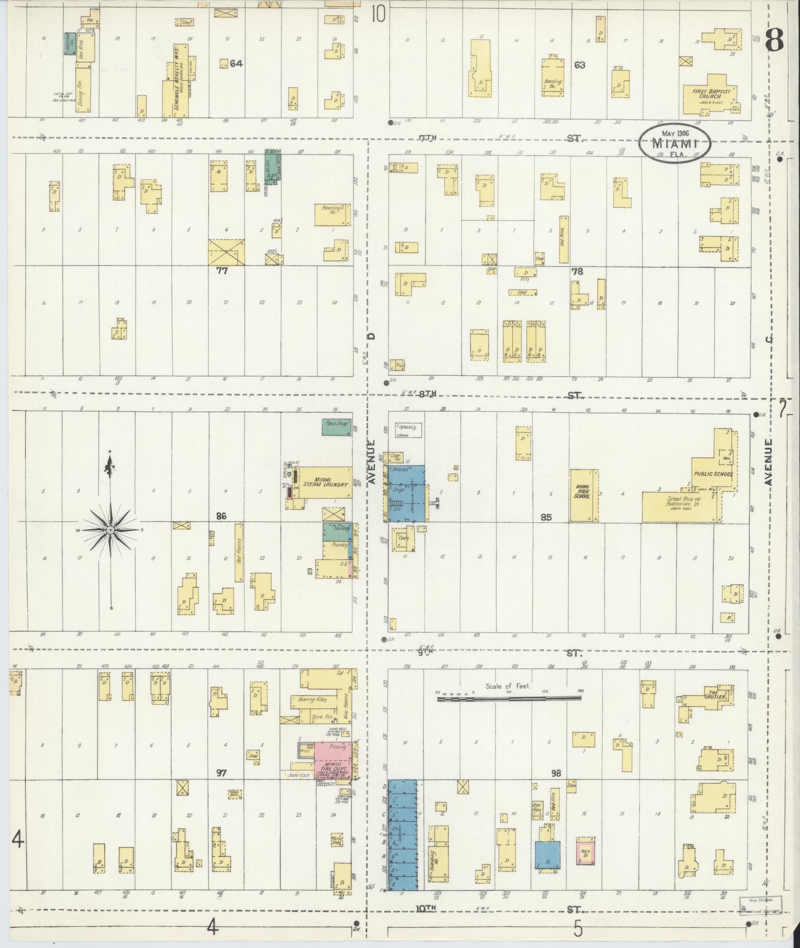 Sanborn Fire Insurance Map from Miami, Dade County, Florida (1906), Sheet #0008 - Complete Map Set gallery image, historic Sanborn map, vintage wall art, Florida Florida