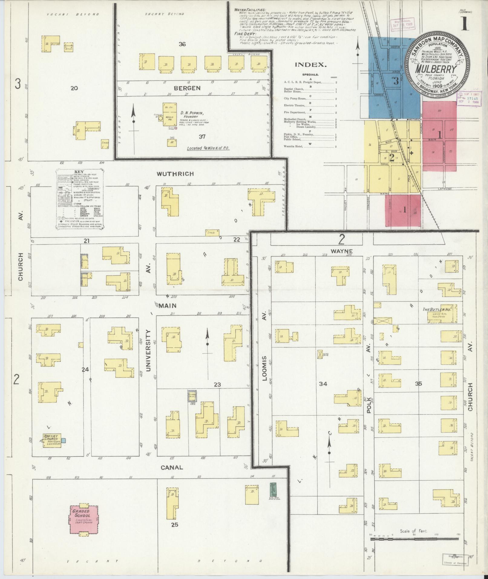Sanborn Fire Insurance Map from Mulberry, Polk County, Florida (1909), Sheet #0001 - Historic Sanborn Fire Insurance Map Print, vintage old map wall art, antique decor, genealogy gift, Florida Florida map