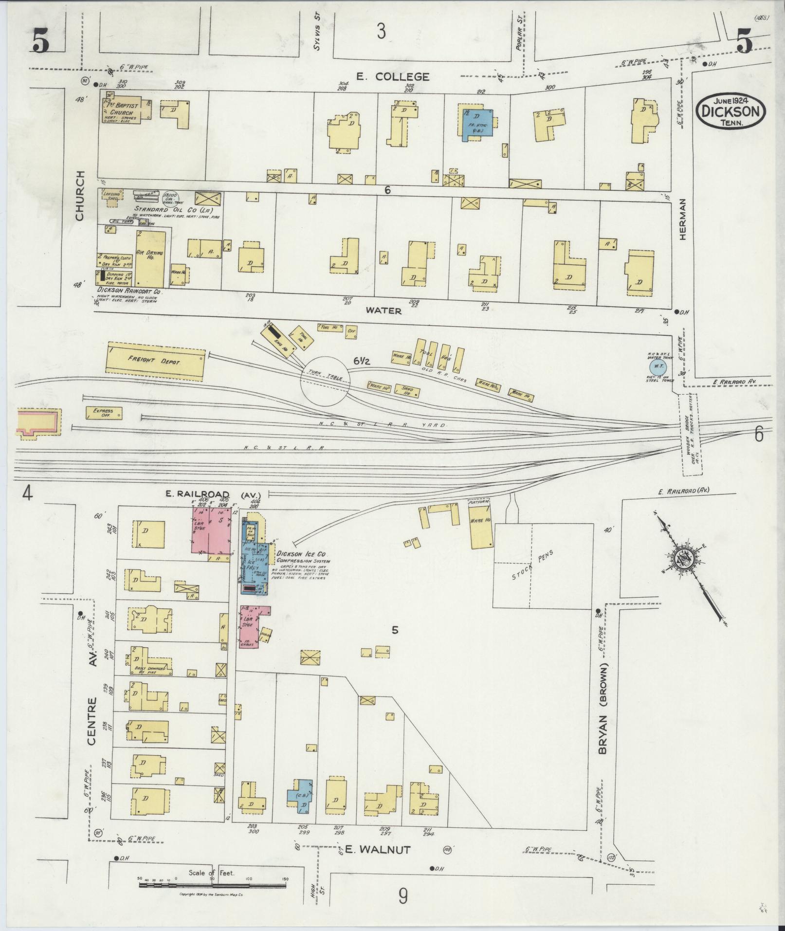 Sanborn Fire Insurance Map from Dickson, Dickson County, Tennessee (1924), Sheet #0005 - Complete Map Set gallery image, historic Sanborn map, vintage wall art, Tennessee Tennessee