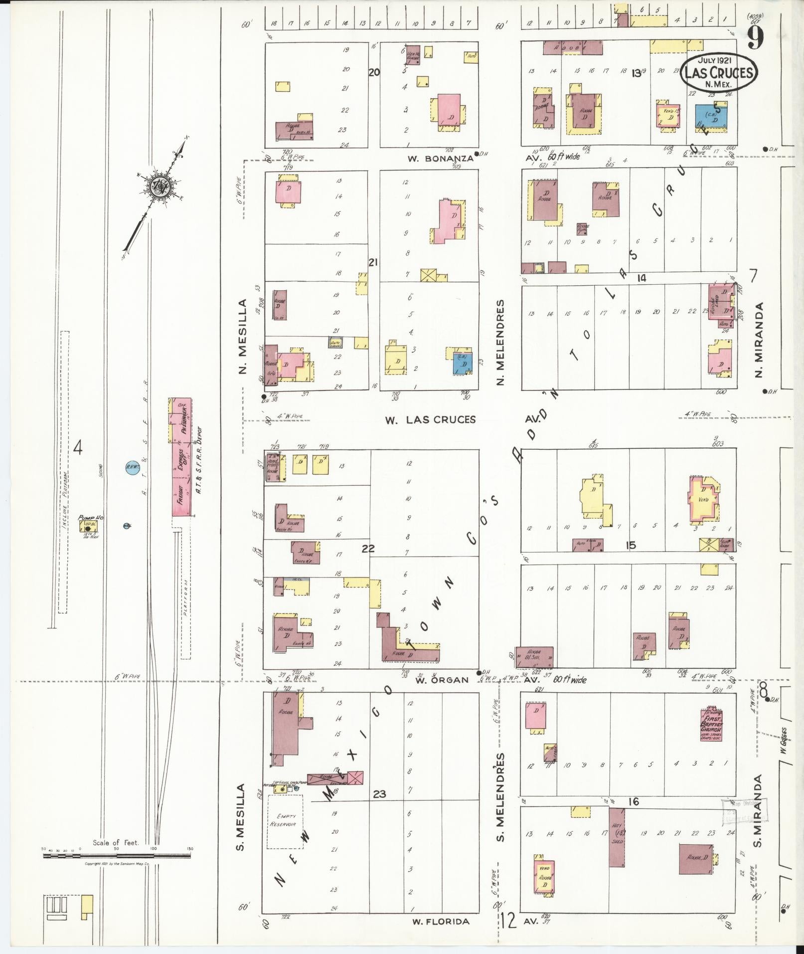 Sanborn Fire Insurance Map from Las Cruces, Dona Ana County, New Mexico (1921), Sheet #0009 - Historic Sanborn Fire Insurance Map Print, vintage old map wall art, antique decor, genealogy gift, New Mexico New Mexico map