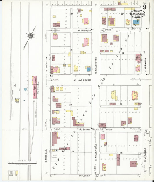 Sanborn Fire Insurance Map from Las Cruces, Dona Ana County, New Mexico (1921), Sheet #0009 - Historic Sanborn Fire Insurance Map Print, vintage old map wall art, antique decor, genealogy gift, New Mexico New Mexico map