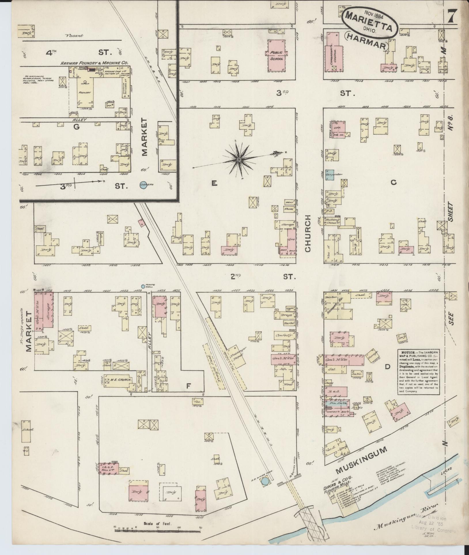 Sanborn Fire Insurance Map from Marietta, Washington County, Ohio (1884), Sheet #0007 - Historic Sanborn Fire Insurance Map Print, vintage old map wall art, antique decor, genealogy gift, Ohio Ohio map