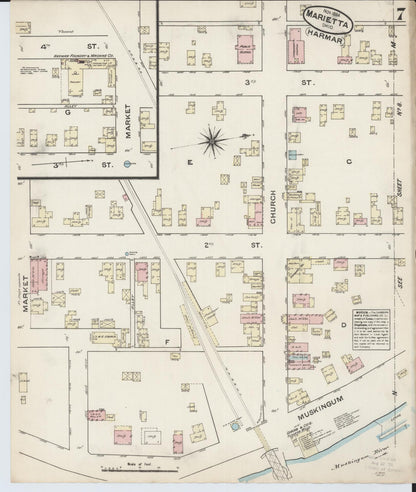 Sanborn Fire Insurance Map from Marietta, Washington County, Ohio (1884), Sheet #0007 - Historic Sanborn Fire Insurance Map Print, vintage old map wall art, antique decor, genealogy gift, Ohio Ohio map
