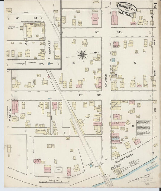 Sanborn Fire Insurance Map from Marietta, Washington County, Ohio (1884), Sheet #0007 - Historic Sanborn Fire Insurance Map Print, vintage old map wall art, antique decor, genealogy gift, Ohio Ohio map