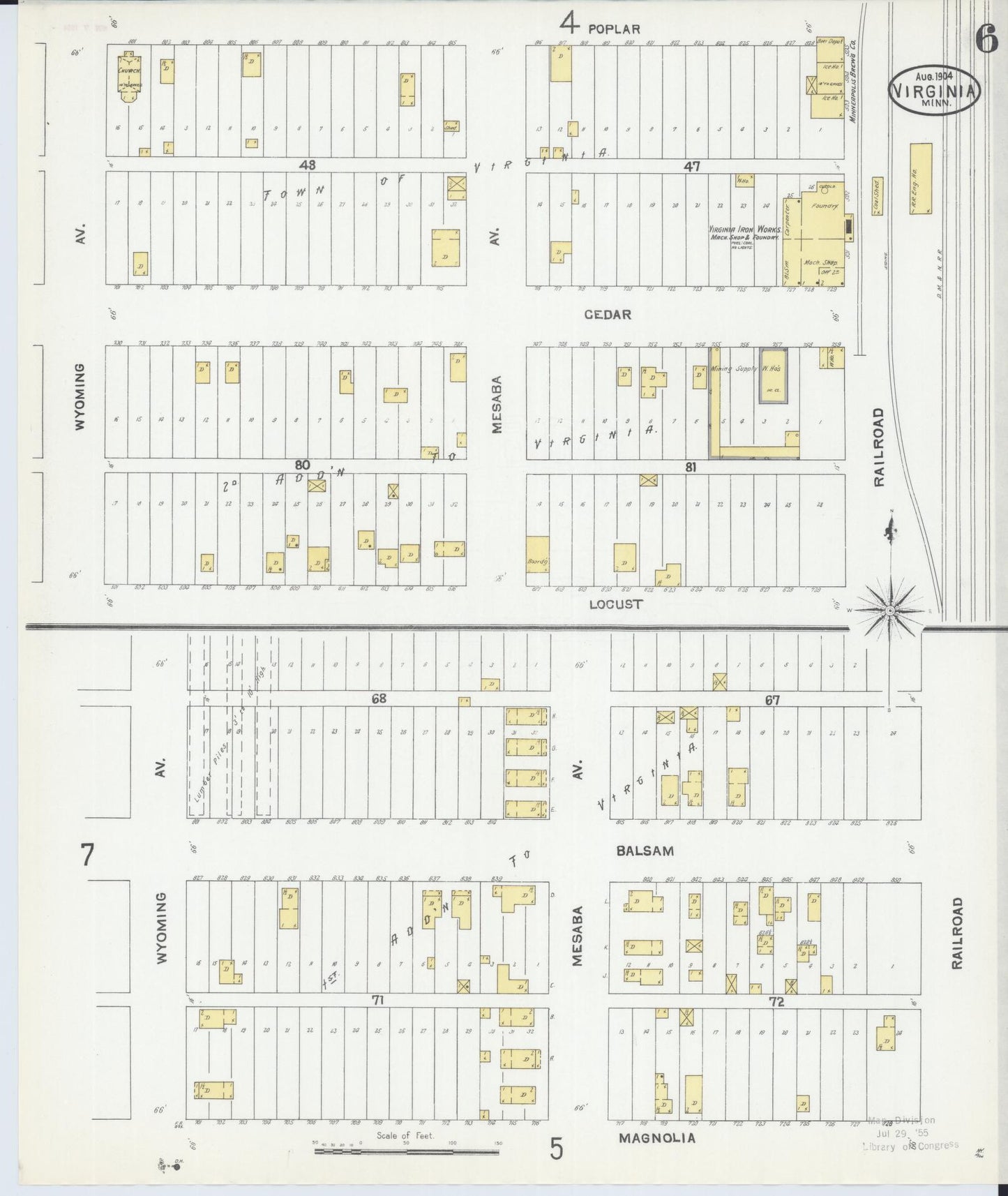 Sanborn Fire Insurance Map from Virginia, Saint Louis County, Minnesota (1904), Sheet #0006 - Complete Map Set gallery image, historic Sanborn map, vintage wall art, Minnesota Minnesota