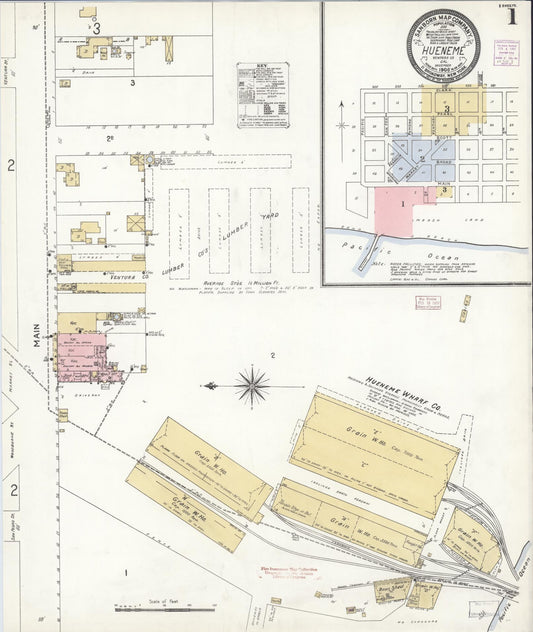 Sanborn Fire Insurance Map from Hueneme, Ventura County, California (1906), Sheet #0001 - Complete Map Set gallery image, historic Sanborn map, vintage wall art, California California