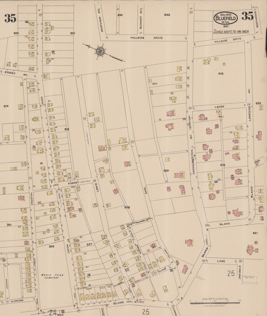 Sanborn Fire Insurance Map from Bluefield, Mercer County, West Virginia (1922), Sheet #0035 - Historic Sanborn Fire Insurance Map Print, vintage old map wall art, antique decor, genealogy gift, West Virginia West Virginia map