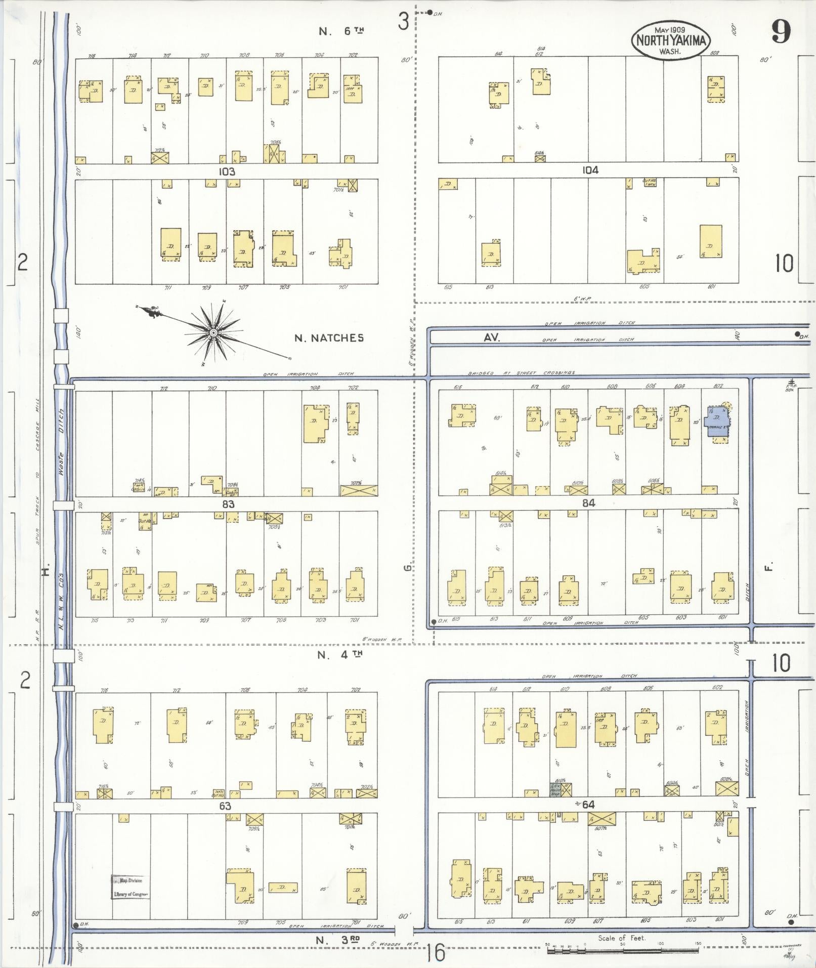 Sanborn Fire Insurance Map from North Yakima, Yakima County, Washington (1909), Sheet #0009 - Historic Sanborn Fire Insurance Map Print, vintage old map wall art, antique decor, genealogy gift, Washington Washington map