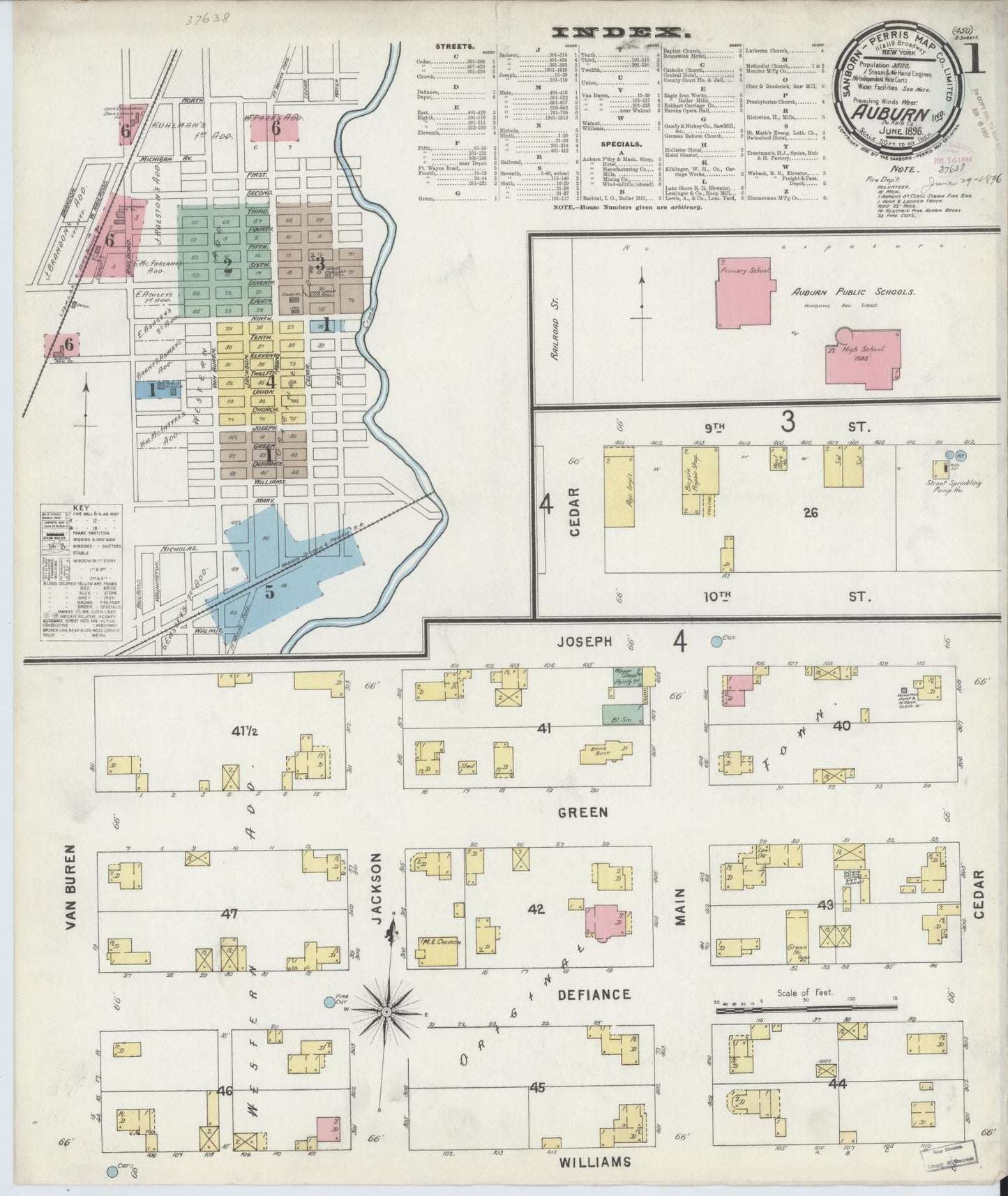 Sanborn Fire Insurance Map from Auburn, De Kalb County, Indiana (1896), Sheet #0001 - Historic Sanborn Fire Insurance Map Print, vintage old map wall art, antique decor, genealogy gift, Indiana Indiana map