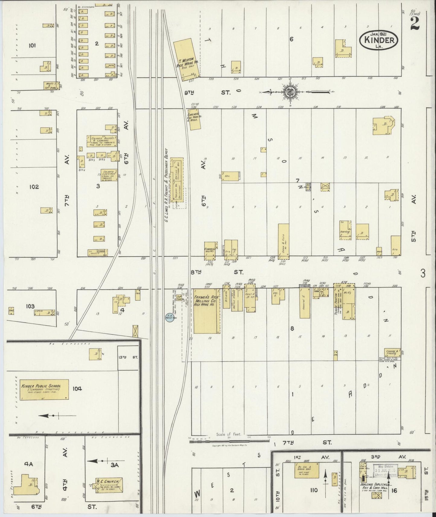 Sanborn Fire Insurance Map from Kinder, Allen Parish, Louisiana (1921), Sheet #0002 - Complete Map Set gallery image, historic Sanborn map, vintage wall art, Louisiana Louisiana