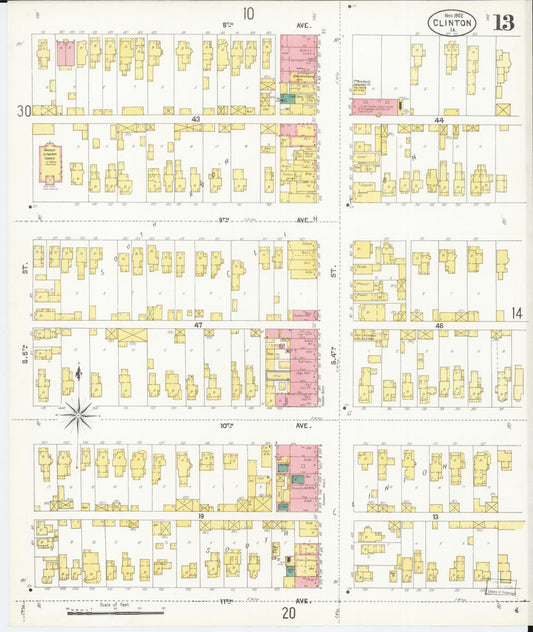 Sanborn Fire Insurance Map from Clinton, Clinton County, Iowa (1902), Sheet #0013 - Historic Sanborn Fire Insurance Map Print, vintage old map wall art