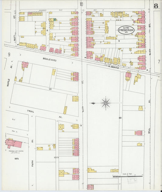 Sanborn Fire Insurance Map from Frederick, Frederick County, Maryland (1904), Sheet #0008 - Historic Sanborn Fire Insurance Map Print, vintage old map wall art, antique decor, genealogy gift, Maryland Maryland map