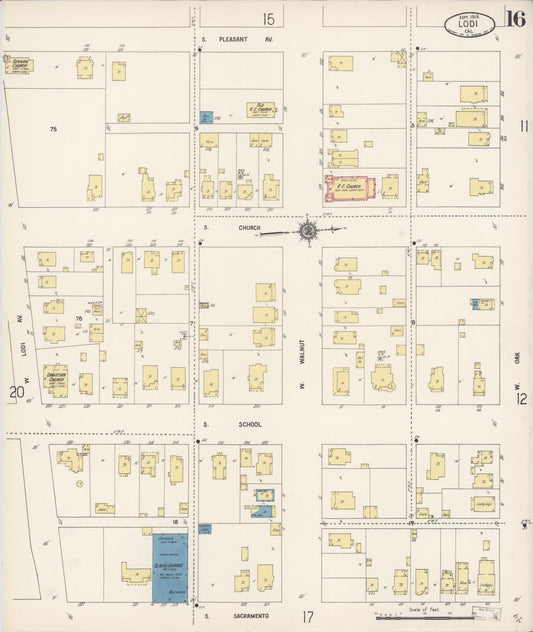 Sanborn Fire Insurance Map from Lodi, San Joaquin County, California (1916), Sheet #0016 - Historic Sanborn Fire Insurance Map Print, vintage old map wall art, antique decor, genealogy gift, California California map