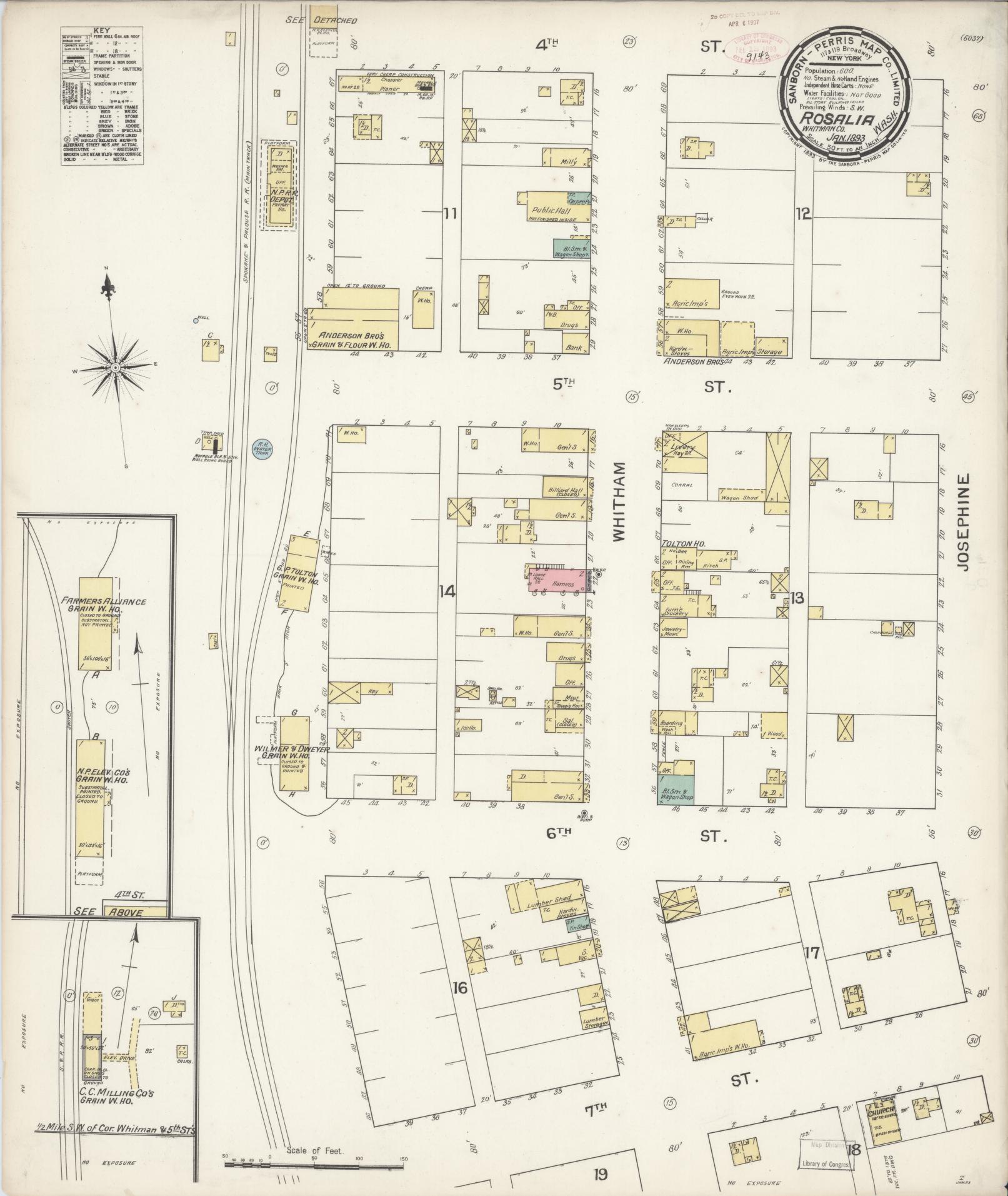 Sanborn Fire Insurance Map from Rosalia, Whitman County, Washington (1893), Sheet #0001 - Historic Sanborn Fire Insurance Map Print, vintage old map wall art, antique decor, genealogy gift, Washington Washington map