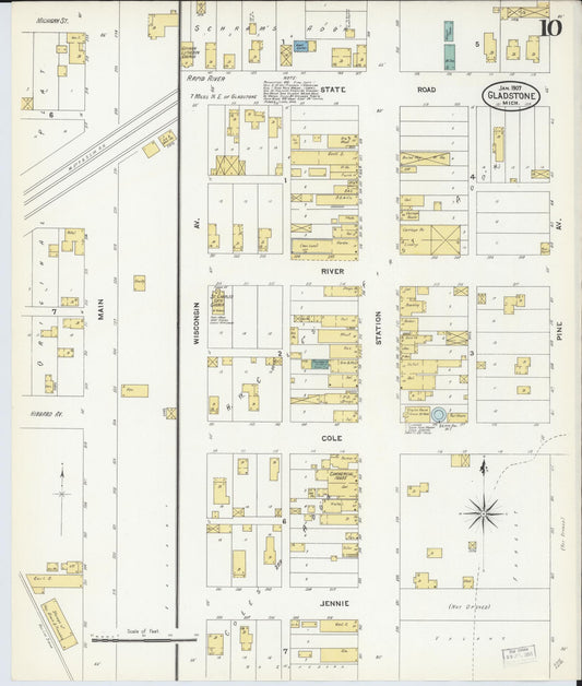 Sanborn Fire Insurance Map from Gladstone, Delta County, Michigan (1907), Sheet #0010 - Historic Sanborn Fire Insurance Map Print, vintage old map wall art, antique decor, genealogy gift, Michigan Michigan map