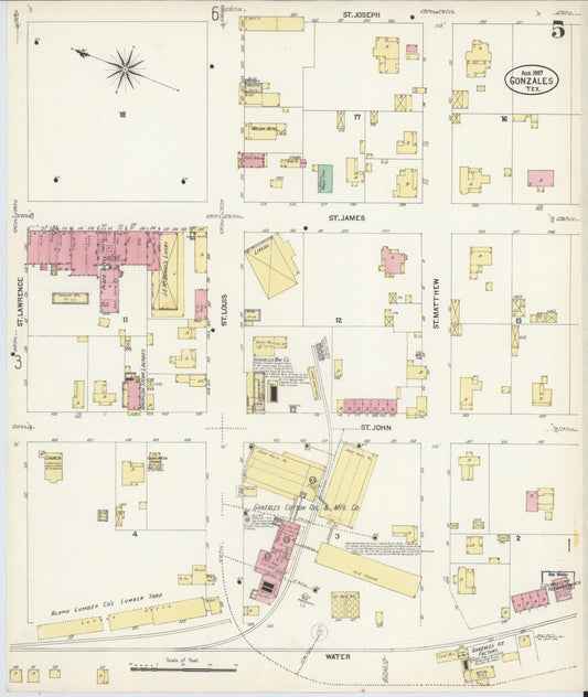 Sanborn Fire Insurance Map from Gonzales, Gonzales County, Texas (1907), Sheet #0005 - Historic Sanborn Fire Insurance Map Print, vintage old map wall art, antique decor, genealogy gift, Texas Texas map