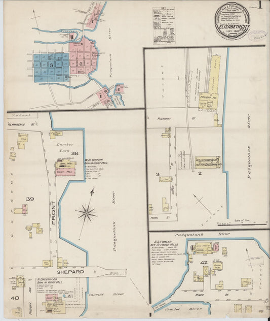 Sanborn Fire Insurance Map from Elizabeth City, Pasquotank County, North Carolina (1885), Sheet #0001 - Complete Map Set gallery image, historic Sanborn map, vintage wall art, North Carolina North Carolina