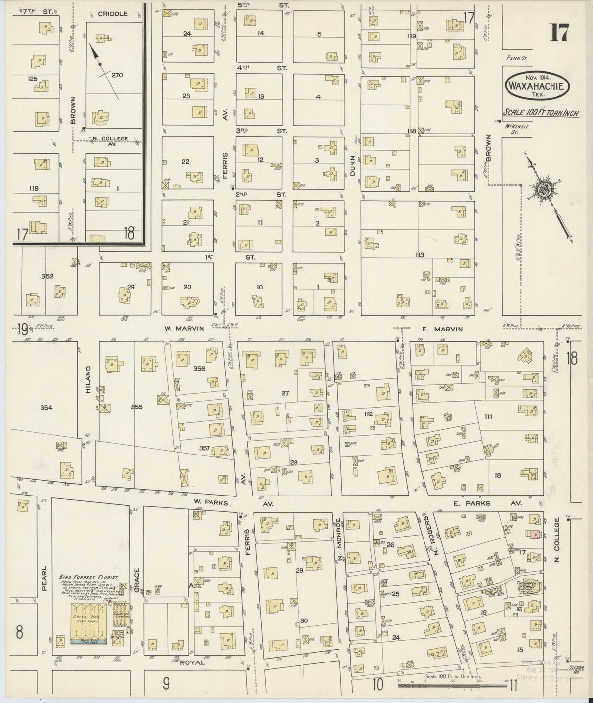 Sanborn Fire Insurance Map from Waxahachie, Ellis County, Texas (1914), Sheet #0017 - Complete Map Set gallery image, historic Sanborn map, vintage wall art, Texas Texas