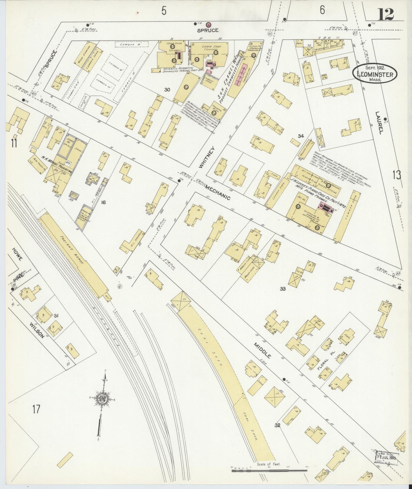 Sanborn Fire Insurance Map from Leominster, Worcester County, Massachusetts (1912), Sheet #0012 - Historic Sanborn Fire Insurance Map Print, vintage old map wall art, antique decor, genealogy gift, Massachusetts Massachusetts map