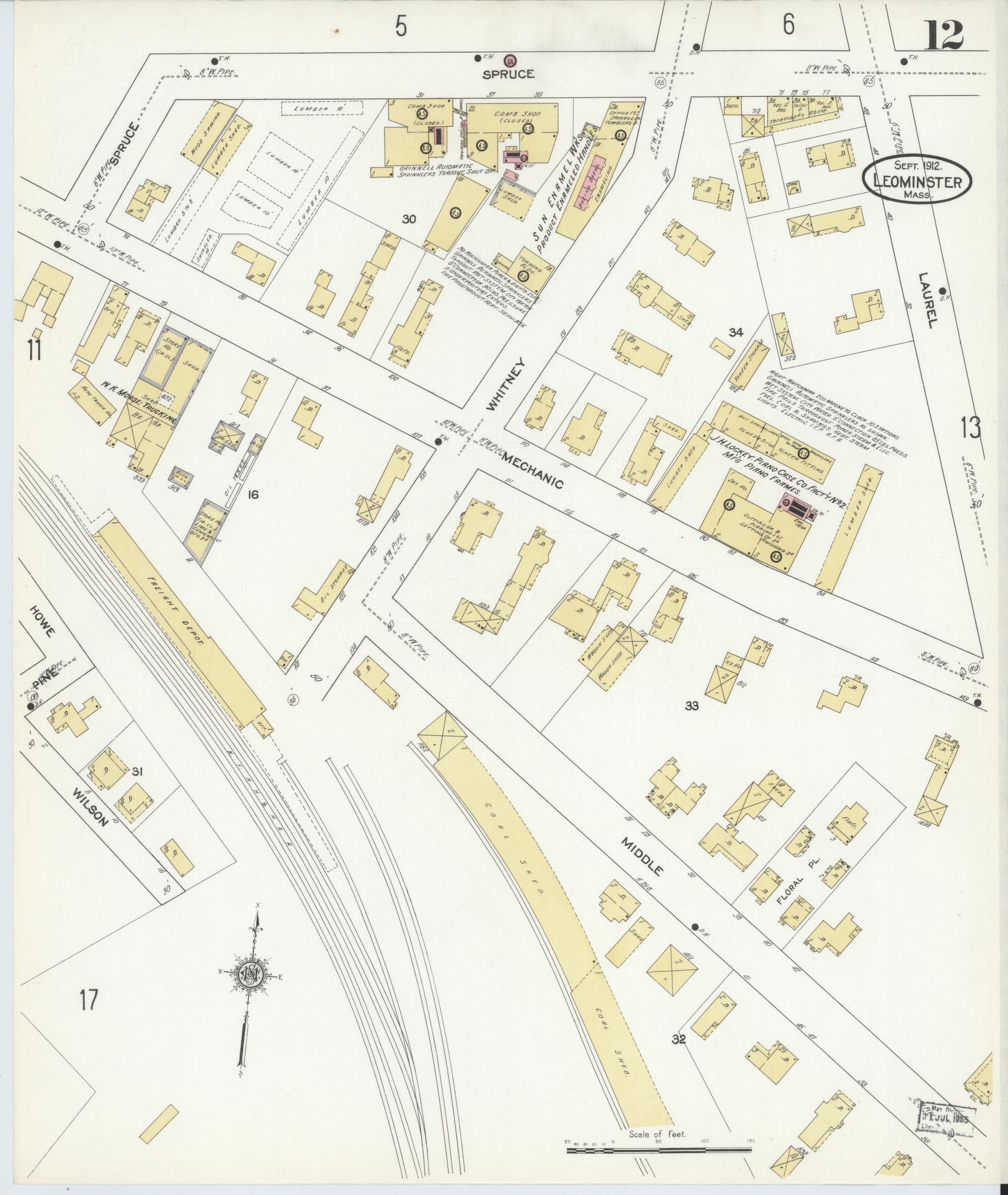 Sanborn Fire Insurance Map from Leominster, Worcester County, Massachusetts (1912), Sheet #0012 - Historic Sanborn Fire Insurance Map Print, vintage old map wall art, antique decor, genealogy gift, Massachusetts Massachusetts map
