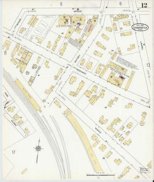 Sanborn Fire Insurance Map from Leominster, Worcester County, Massachusetts (1912), Sheet #0012 - Historic Sanborn Fire Insurance Map Print, vintage old map wall art, antique decor, genealogy gift, Massachusetts Massachusetts map