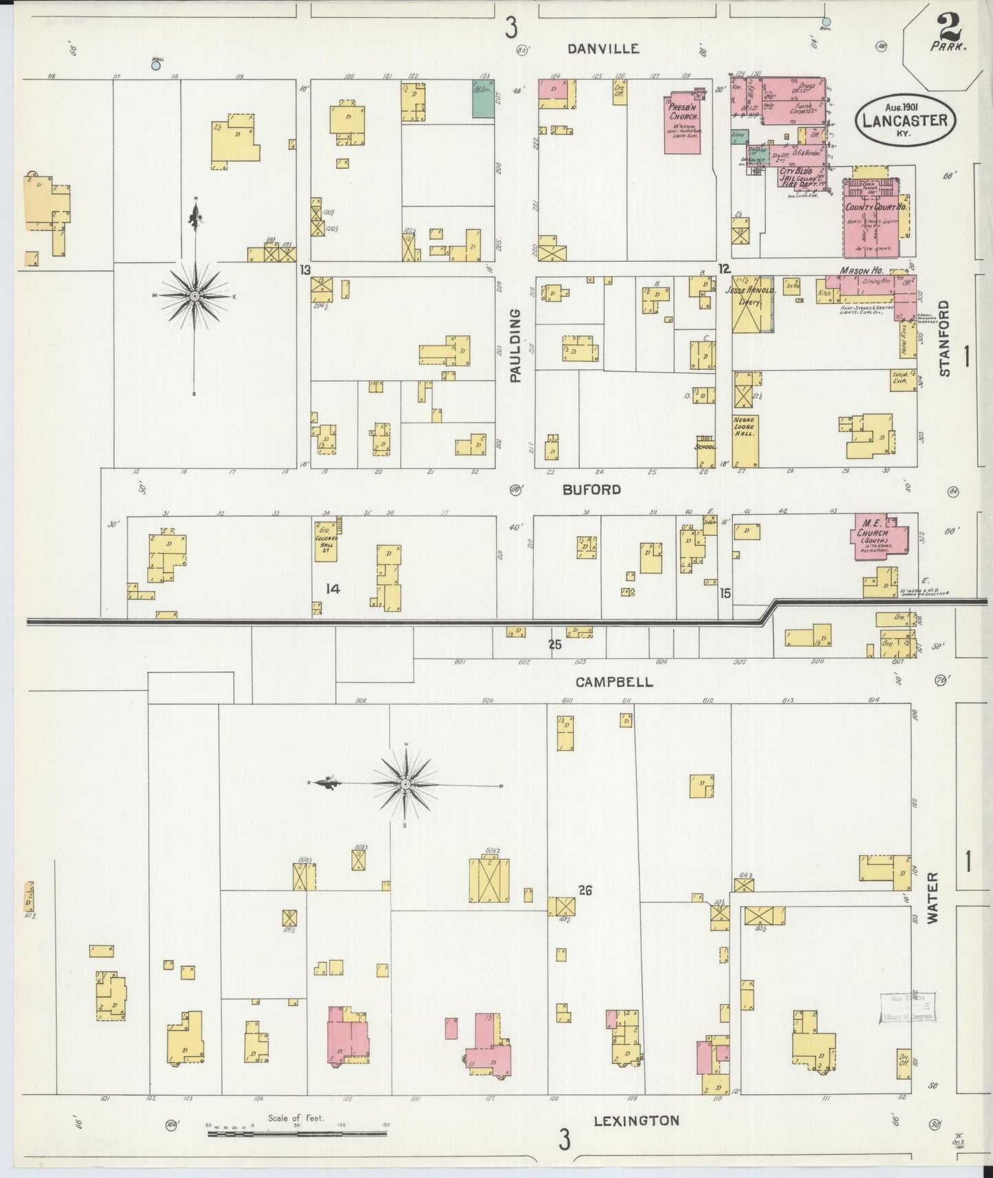 Sanborn Fire Insurance Map from Lancaster, Garrard County, Kentucky (1901), Sheet #0002 - Complete Map Set gallery image, historic Sanborn map, vintage wall art, Kentucky Kentucky
