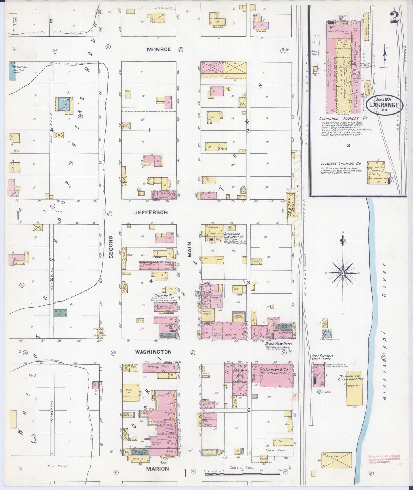 Sanborn Fire Insurance Map from La Grange, Lewis County, Missouri (1909), Sheet #0002 - Complete Map Set gallery image, historic Sanborn map, vintage wall art, Missouri Missouri