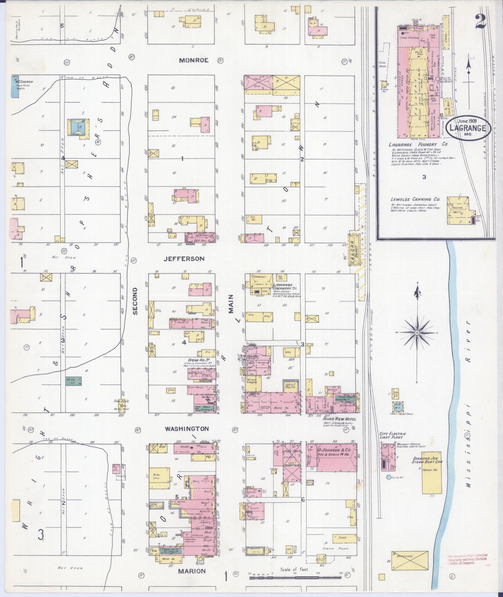 Sanborn Fire Insurance Map from La Grange, Lewis County, Missouri (1909), Sheet #0002 - Complete Map Set gallery image, historic Sanborn map, vintage wall art, Missouri Missouri