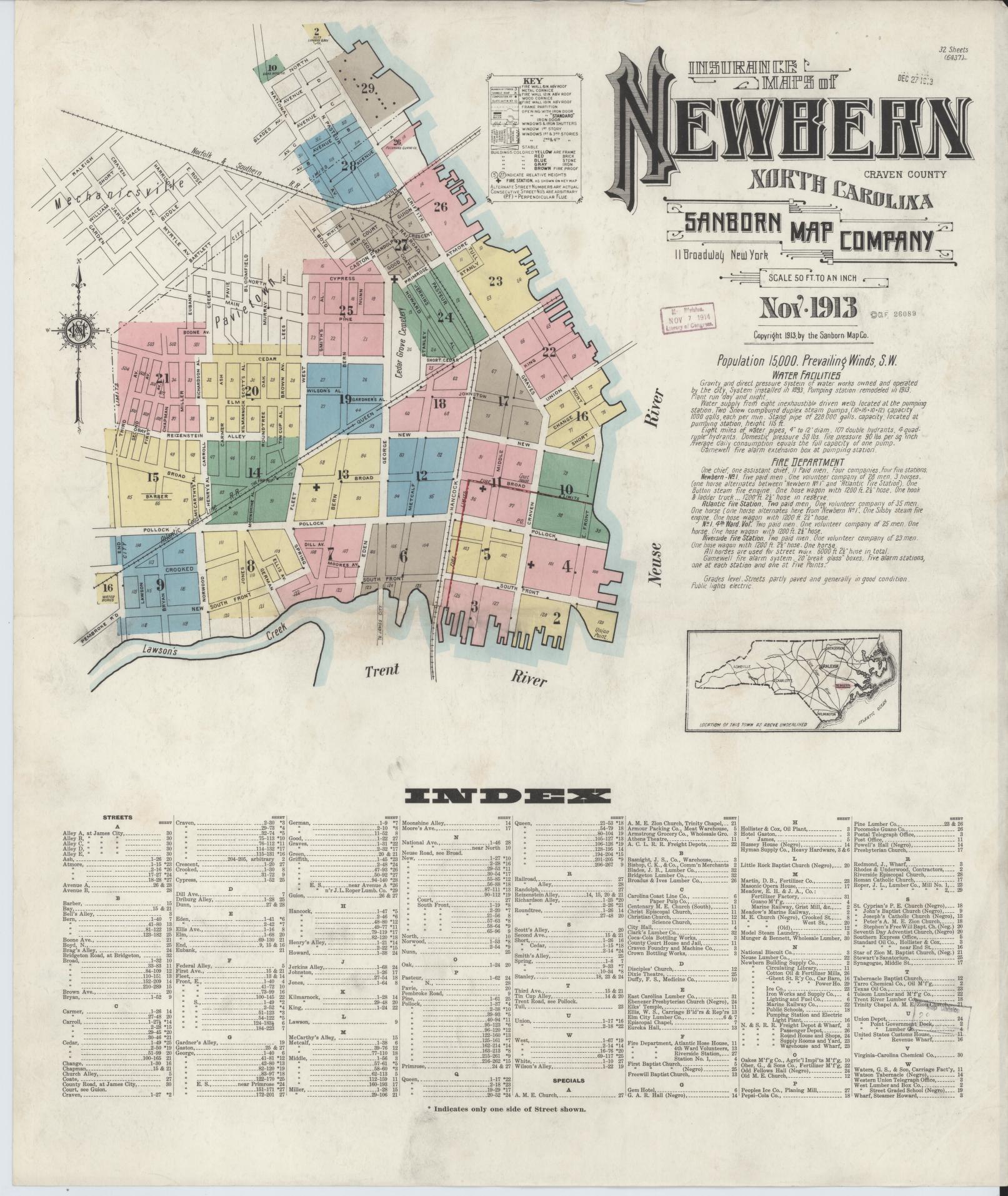 Sanborn Fire Insurance Map from New Bern, Craven County, North Carolina (1913), Sheet #0001 - Historic Sanborn Fire Insurance Map Print, vintage old map wall art, antique decor, genealogy gift, North Carolina North Carolina map